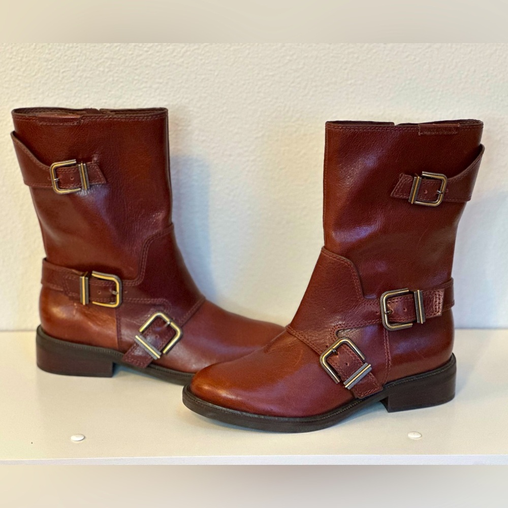 SOLD- Vince Camuto Alicenta Chocolate Brown Womens Mid Calf Moto Boots Size 7.5